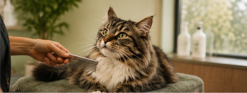 A cat being gently combed at Bark & Purr in Allen, TX.