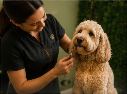 A groomer trimming a doodle's coat at Bark & Purr in Allen, TX.