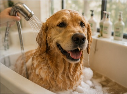 A golden retriever getting a bath at Bark & Purr in Allen, TX.